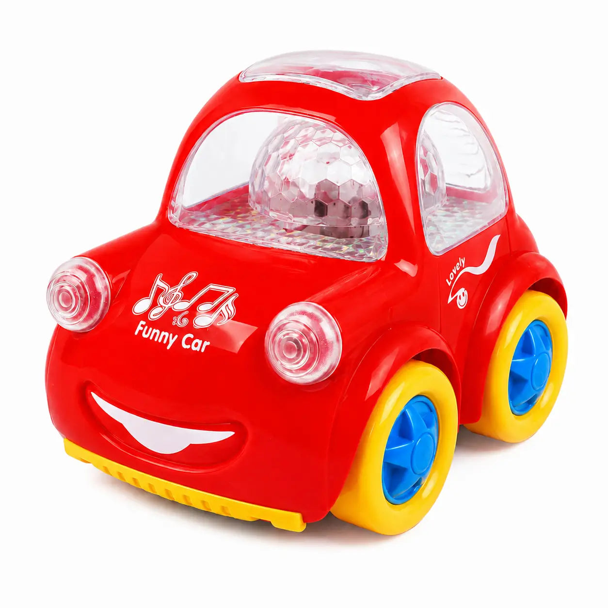 Red Funny Musical Bump and Go Car with yellow wheels, blue wheel covers and transparent flashing light cabin