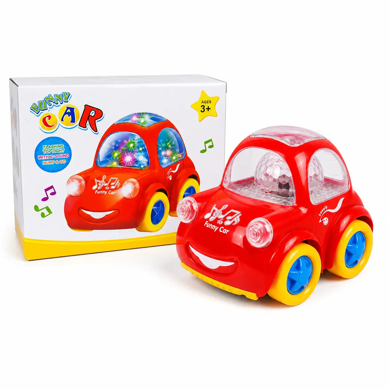 Funny Musical Bump and Go Car displayed beside its colourful retail packaging for children ages 3 and above