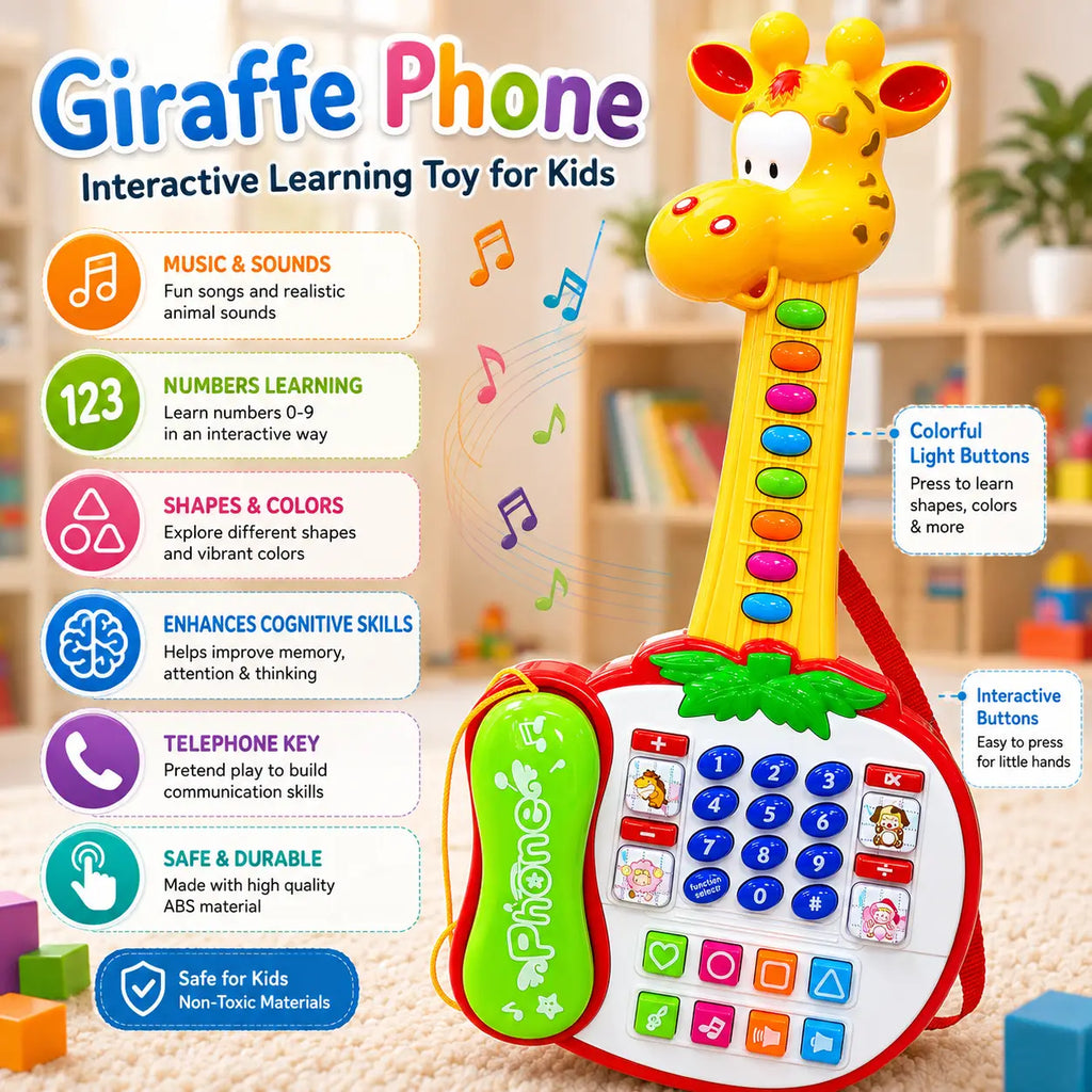 Giraffe phone educational toy with number keypad, music buttons, shapes and colourful learning controls