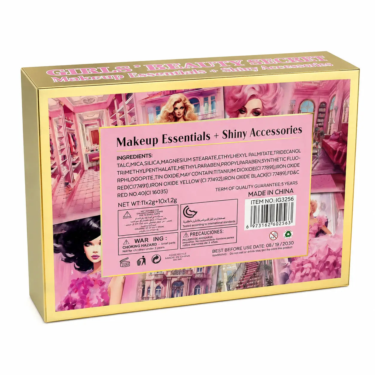 Girls Beauty Secret all-in-one makeup kit packaging back view with product information and safety details
