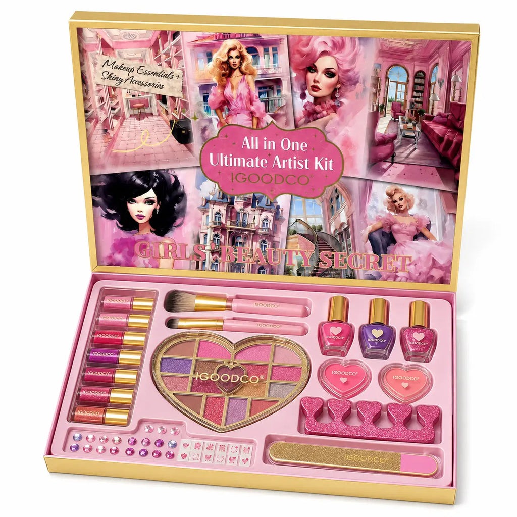 Girls Beauty Secret all-in-one makeup kit open front view with heart palette, nail colours and beauty accessories