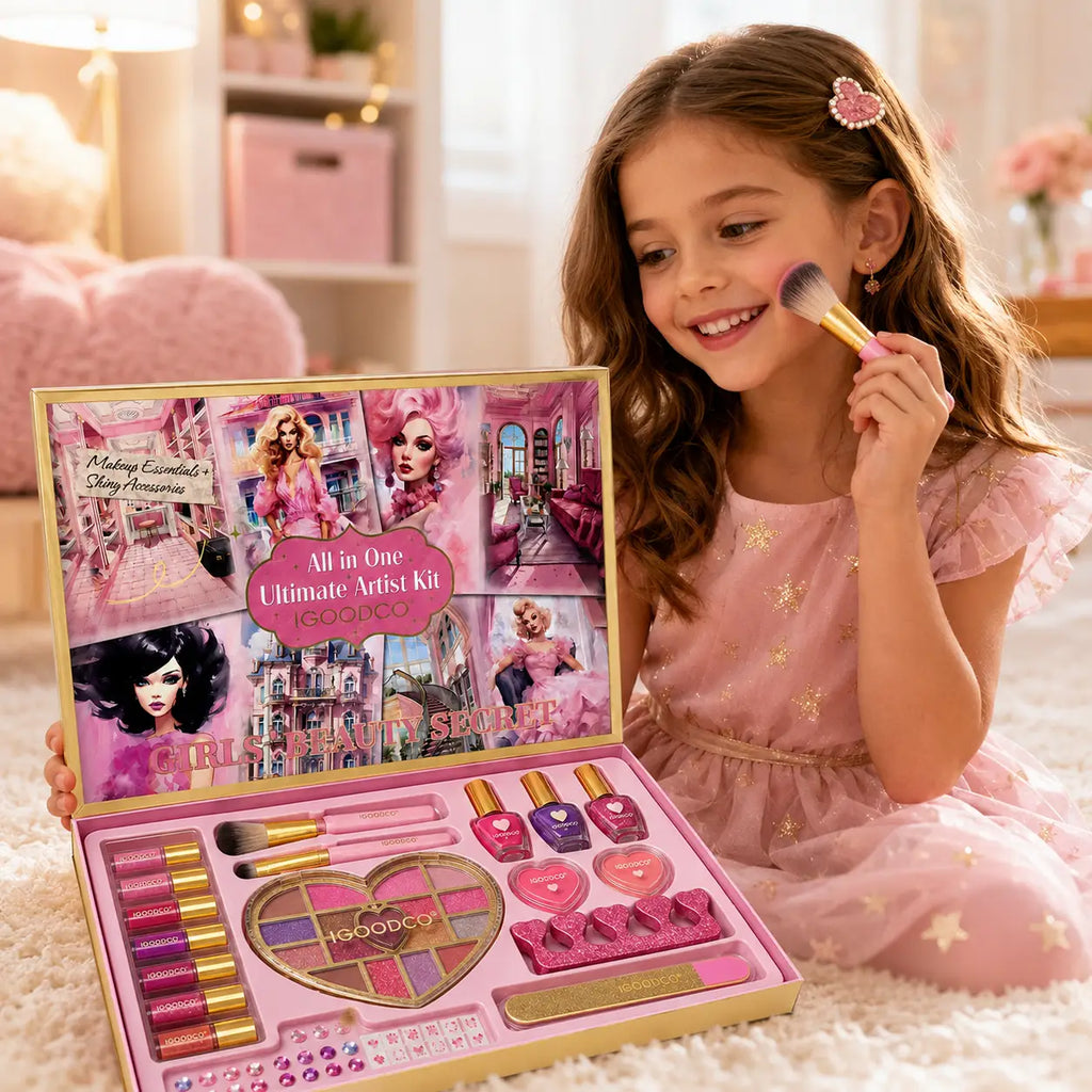 Girl using Girls Beauty Secret all-in-one makeup artist kit with pink makeup palette and beauty accessories