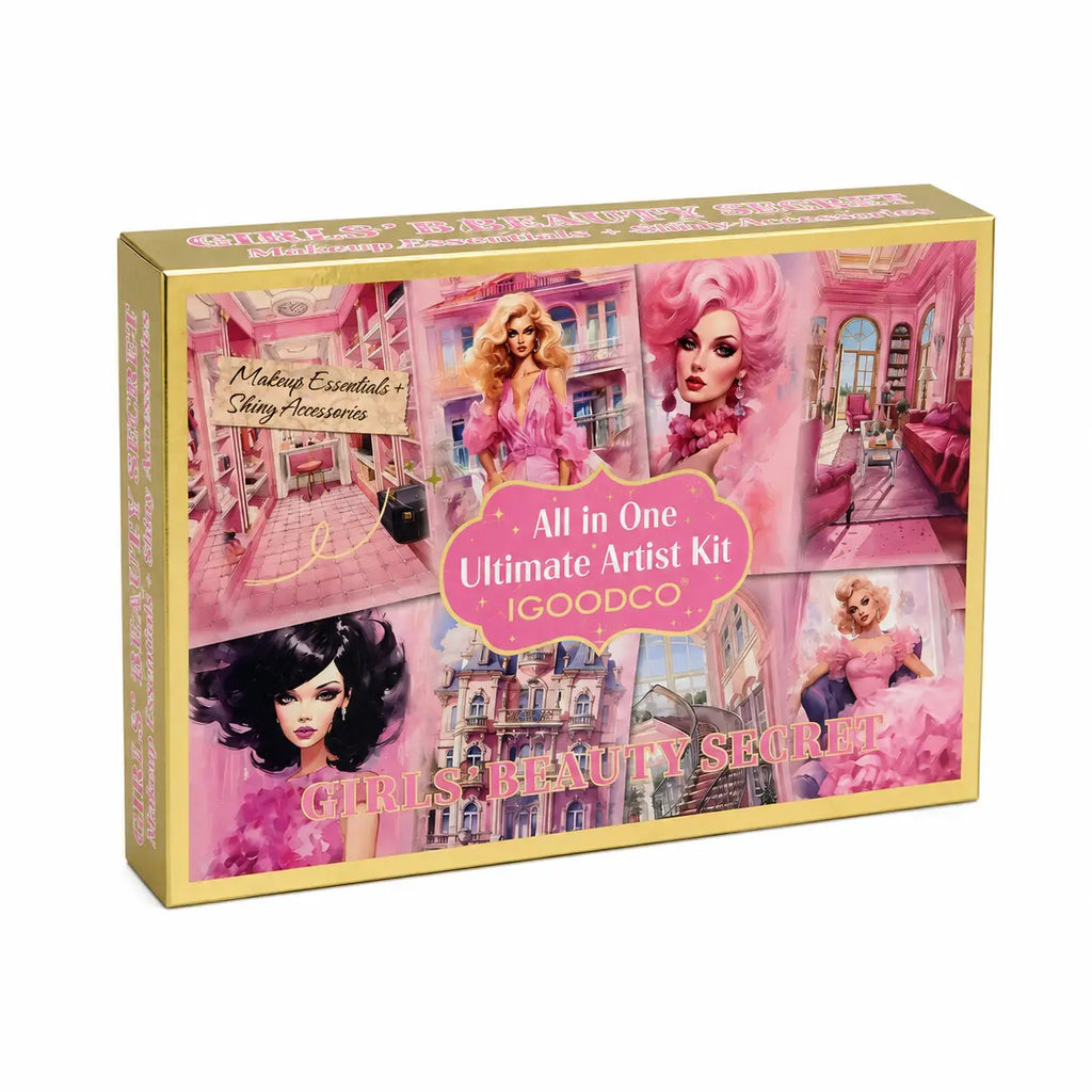 Girls Beauty Secret pink and gold makeup artist kit closed box front view