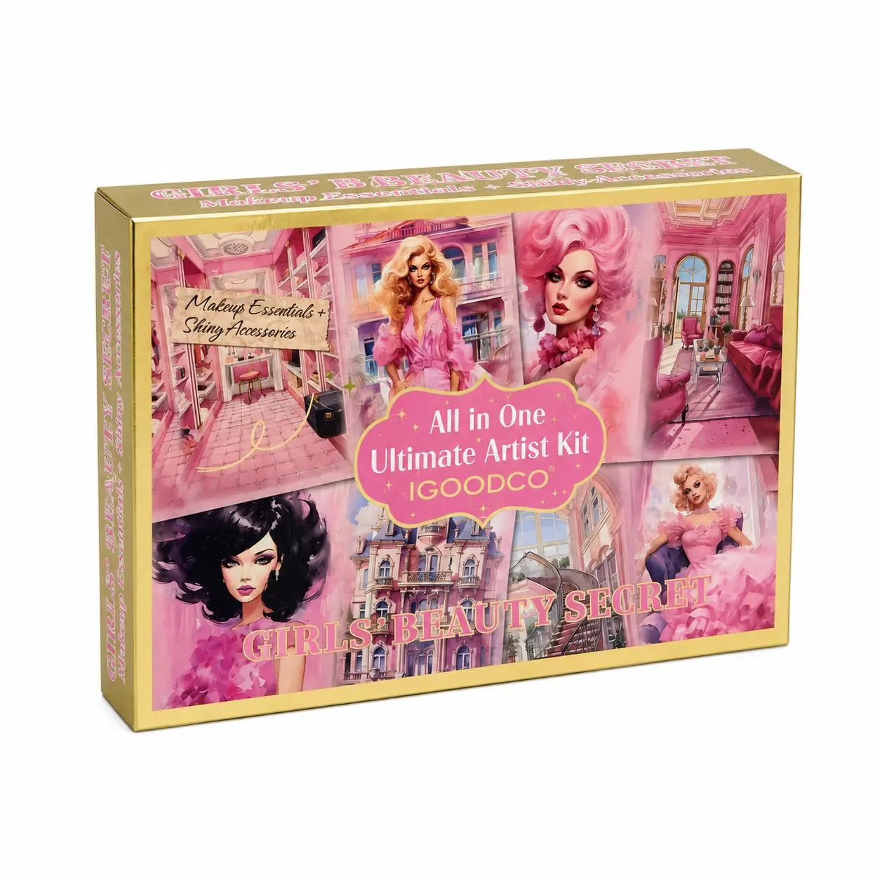 Girls Beauty Secret pink and gold makeup artist kit closed box front view
