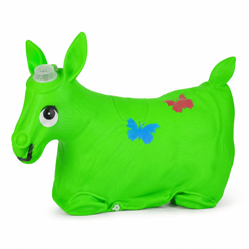 Green inflatable animal hopper toy shown deflated with air valve visible