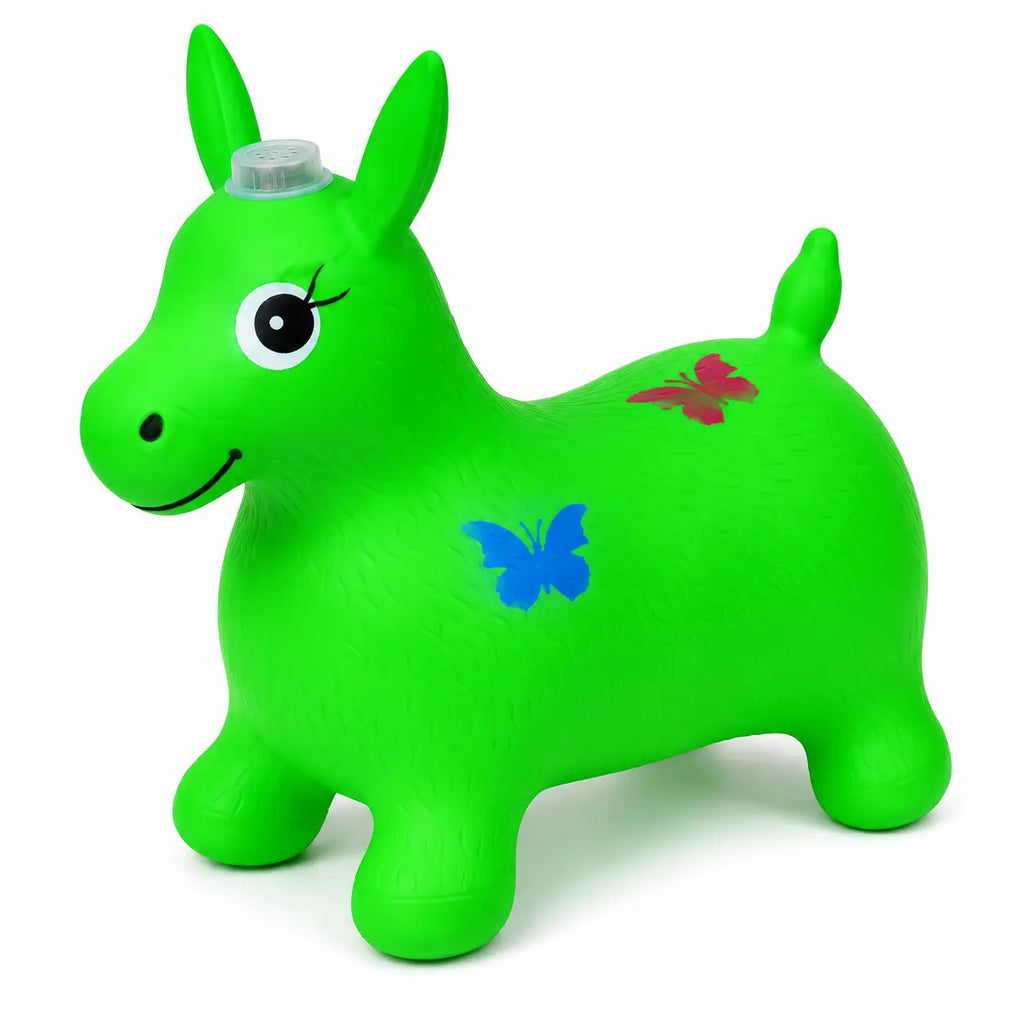 Green inflatable animal hopper ride-on toy with butterfly design front view