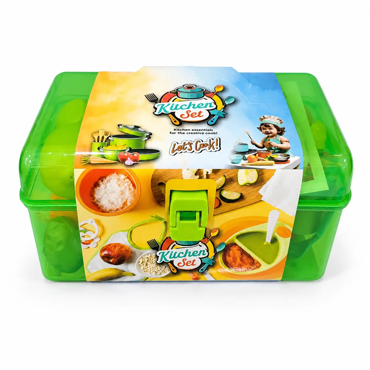 Green portable kids kitchen set carry case for pretend cooking role play
