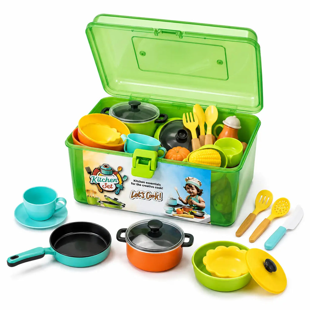Open green kids kitchen role play case with toy pots pans utensils and pretend food accessories