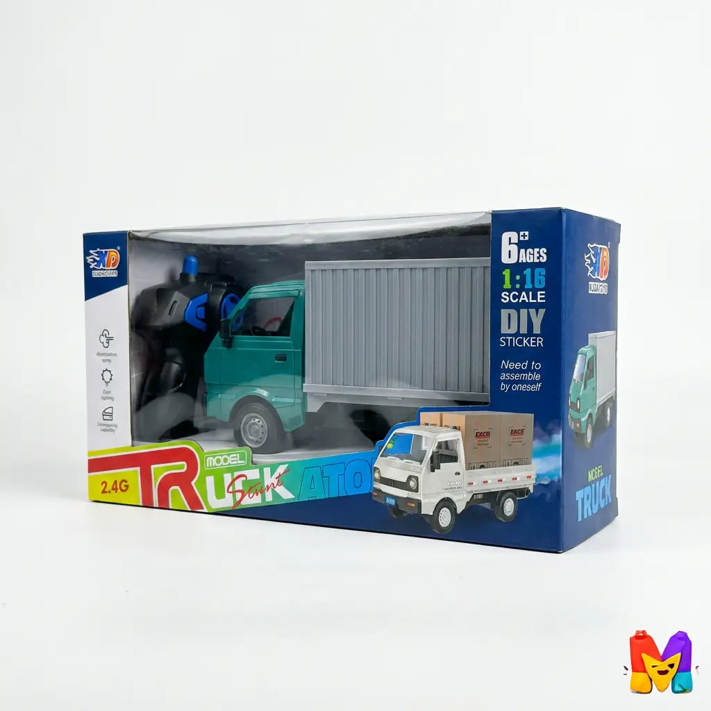 Green 1:16 remote-control cargo truck displayed in retail packaging