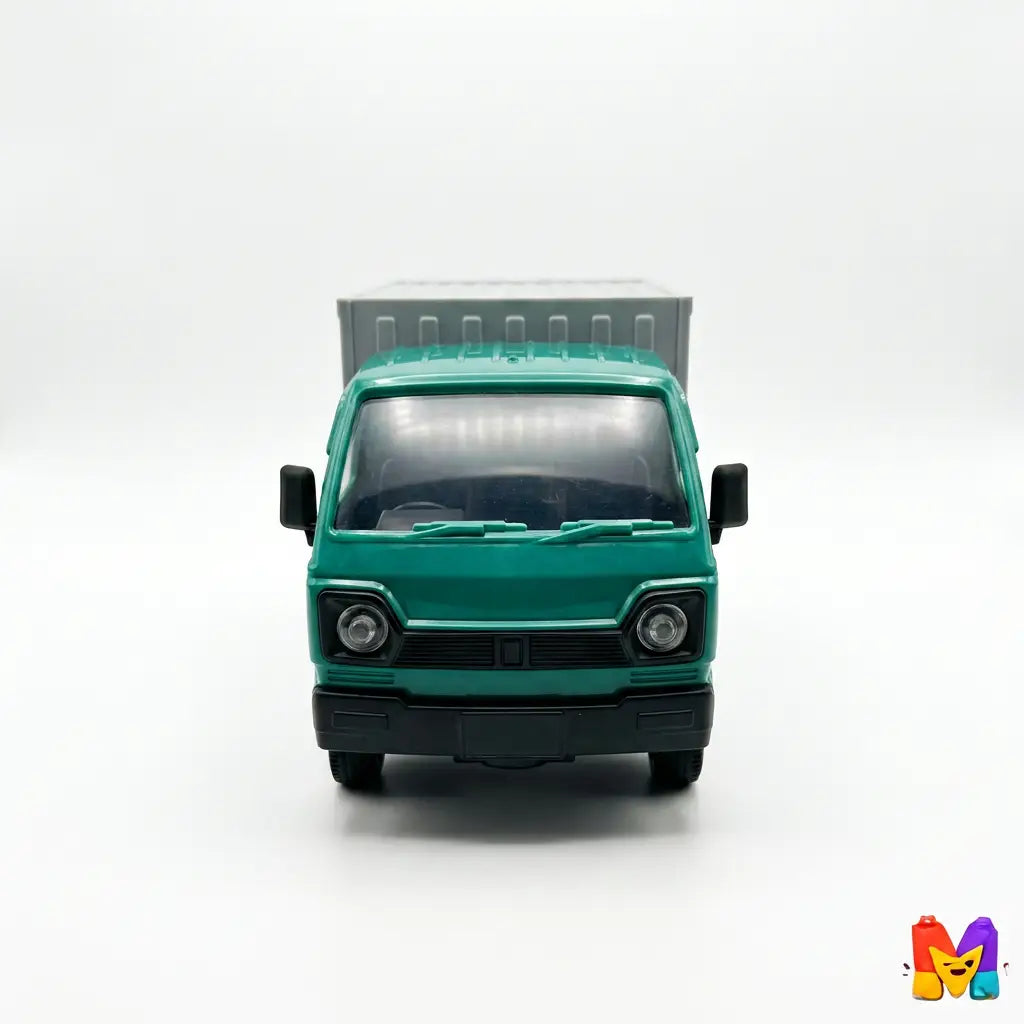 Front view of green remote-control container truck with grey cargo box