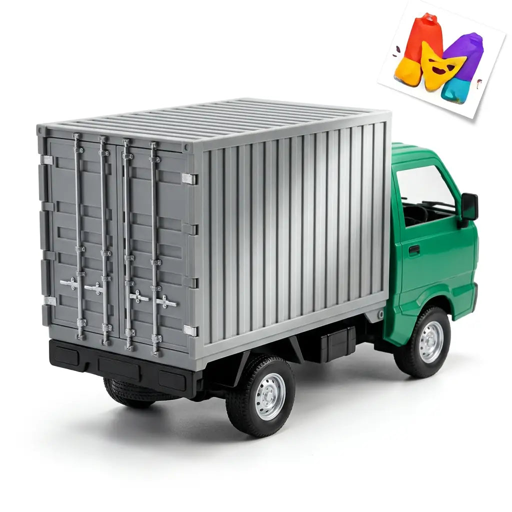 Rear three-quarter view of green truck with ribbed grey container