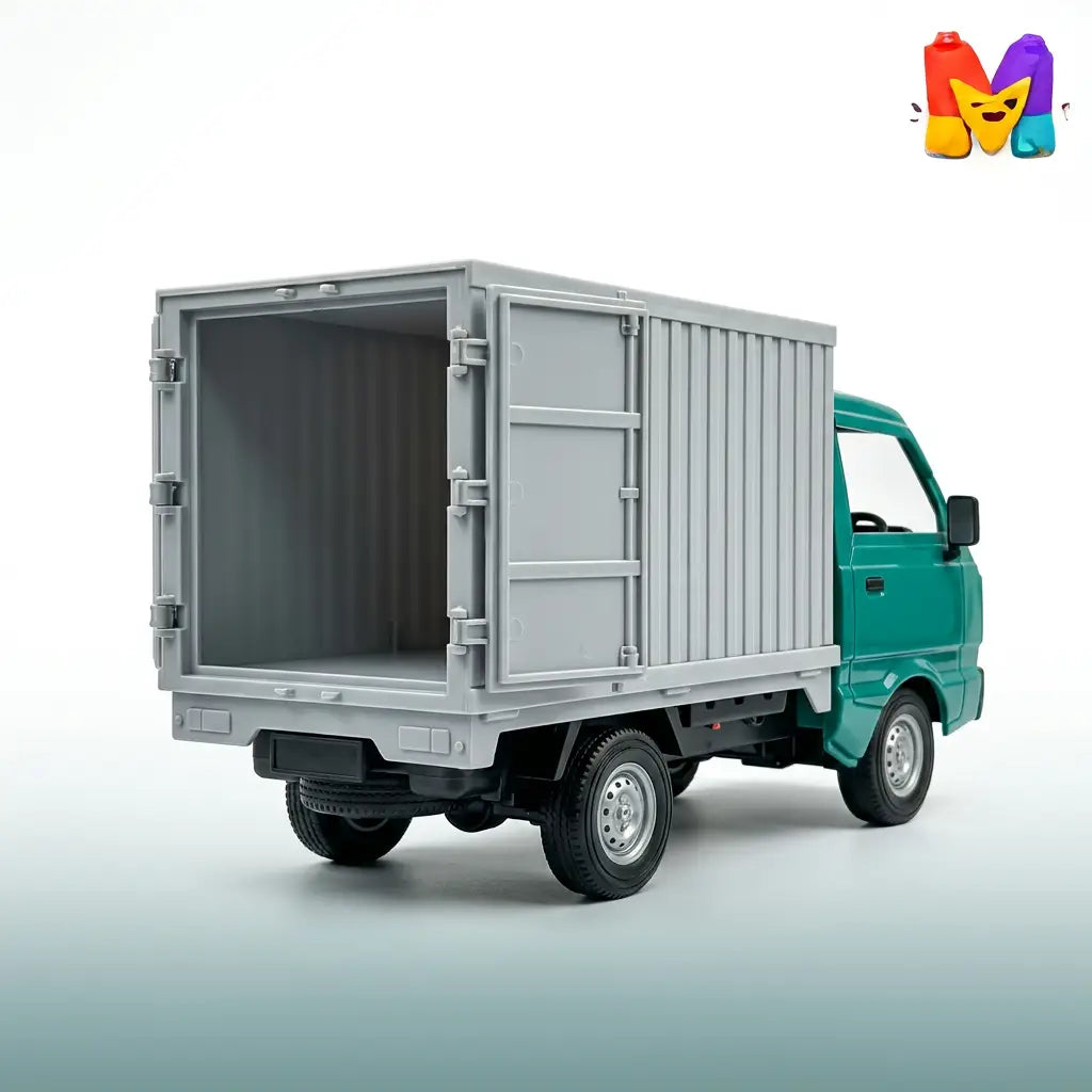 Straight rear view of grey double doors on RC container truck