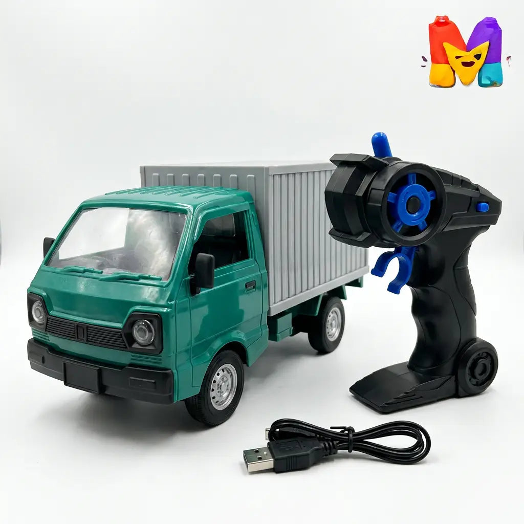 Green RC cargo truck with pistol remote controller and USB cable