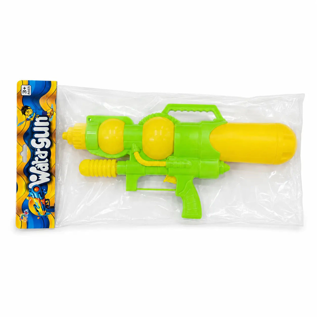 Green and yellow kids pump action water gun with large tank in retail packaging
