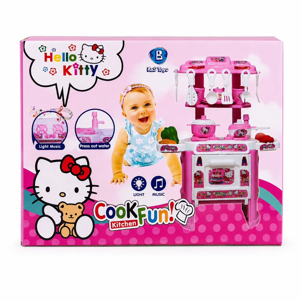 Hello Kitty Cook Fun pink kids kitchen play set retail box with light, music and press-out water features