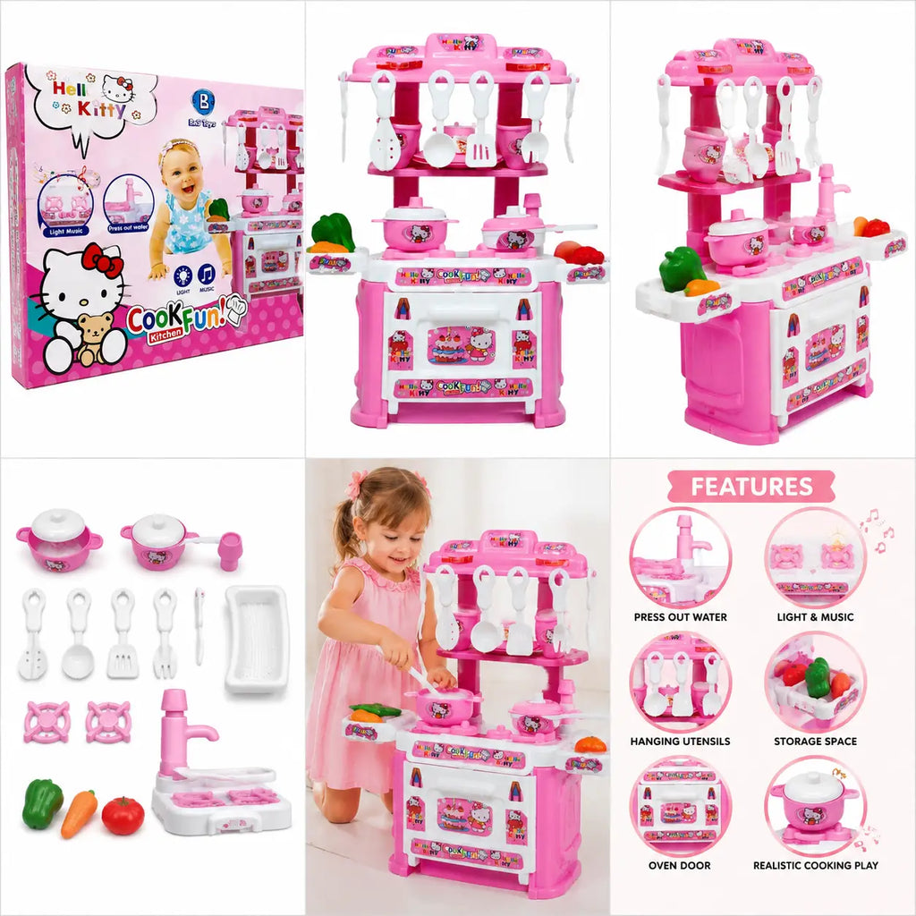 Hello Kitty pink kids kitchen play set showing light, music, water feature, cooking accessories and pretend play functions