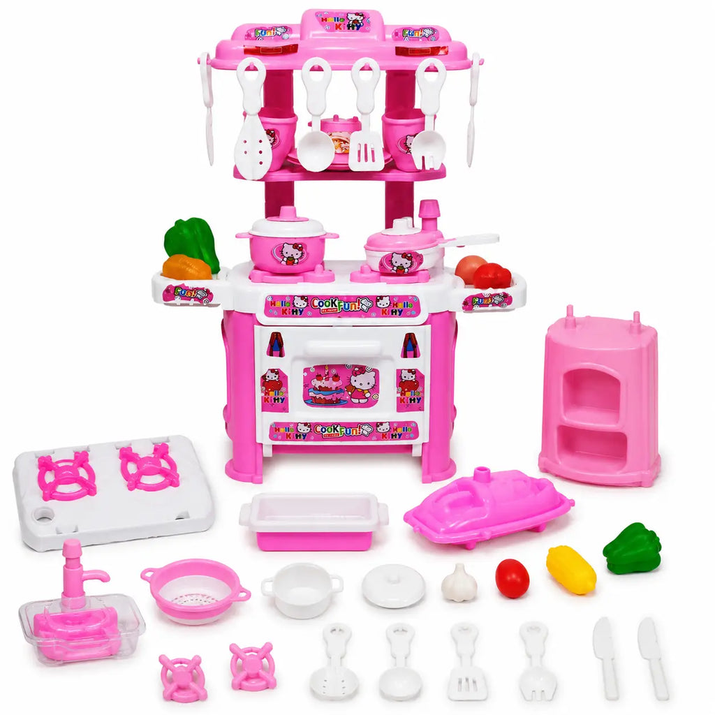 Pink and white Hello Kitty kids kitchen play set with cookware, utensils, pretend vegetables and kitchen accessories