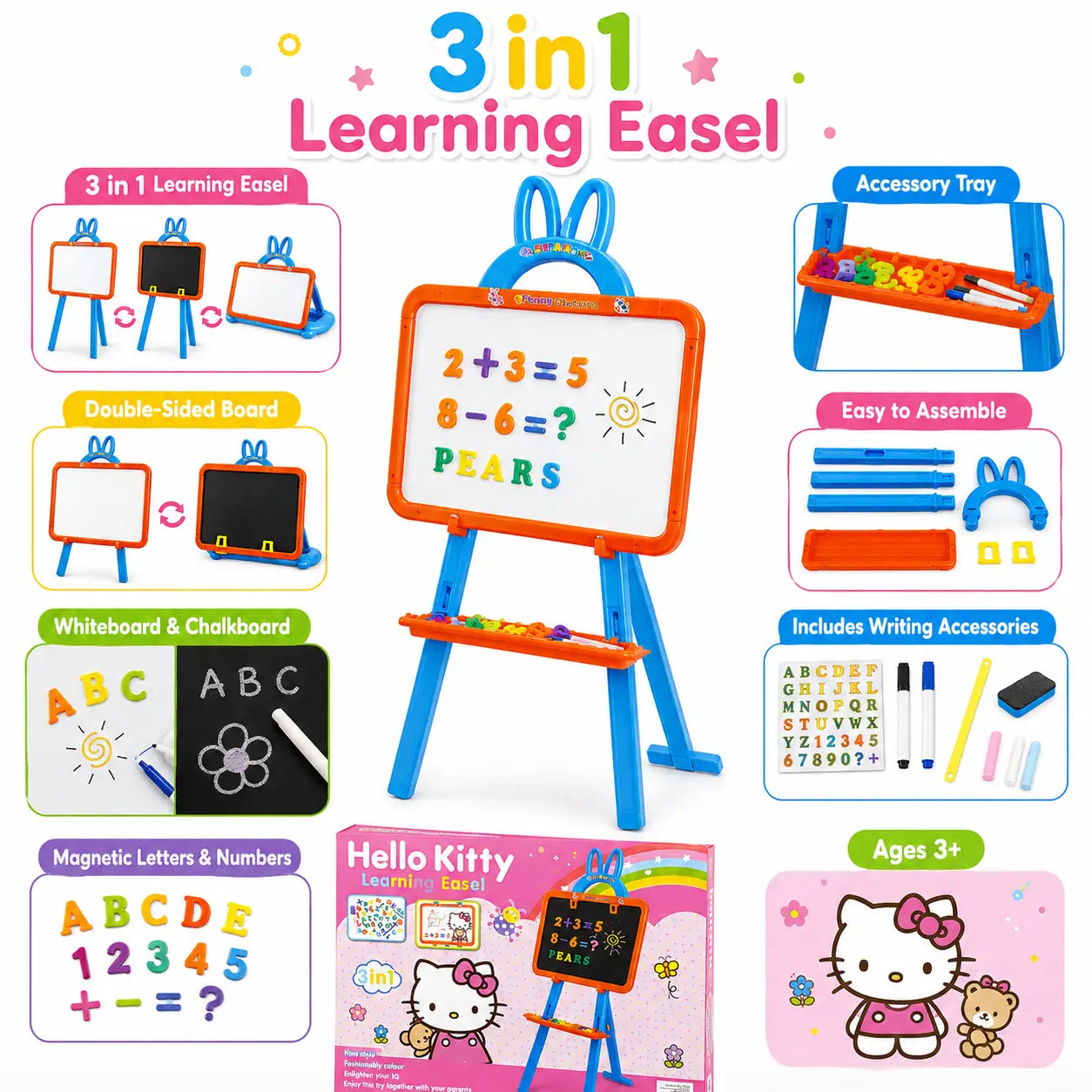 Hello Kitty 3-in-1 learning easel showing whiteboard, chalkboard, alphabet numbers and accessories for kids