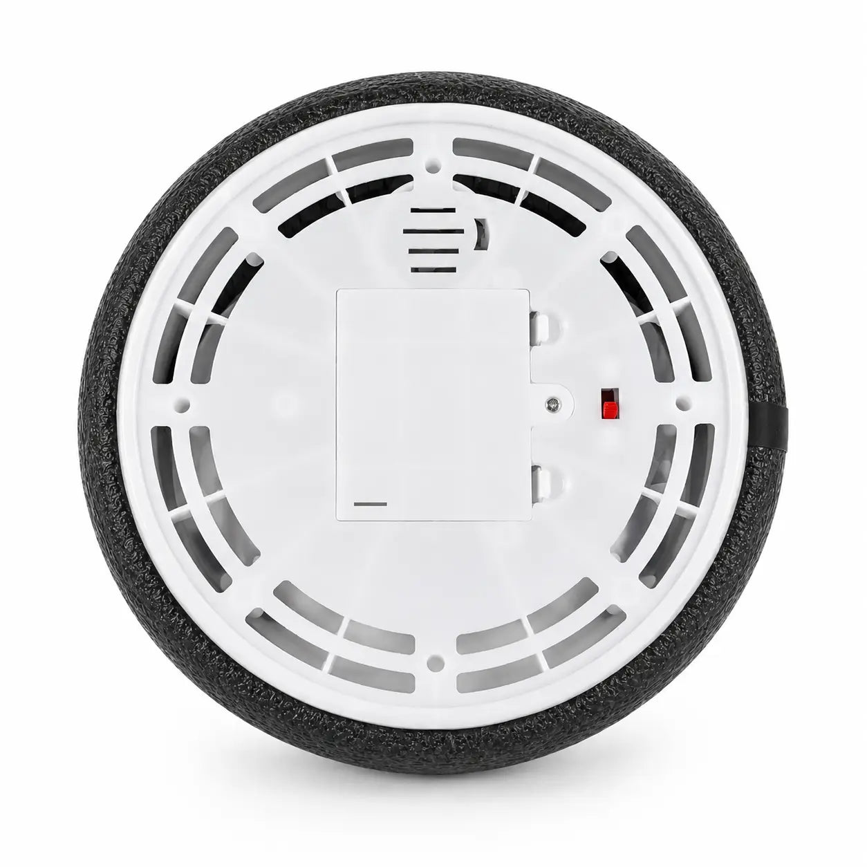 Bottom view of battery-operated hover soccer ball showing air vents, switch and battery compartment
