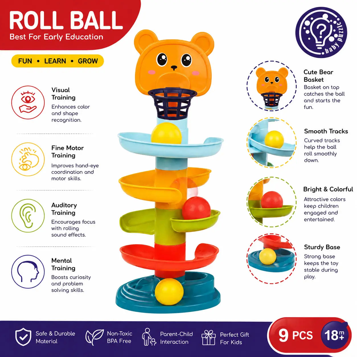 Huanger Roll Ball 9PCS early learning tower showing colourful tracks and toddler activity features