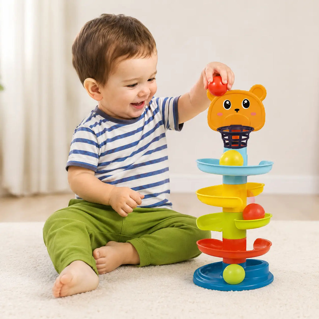 Child playing with Huanger Roll Ball Tower Toy for toddlers aged 18 months and above