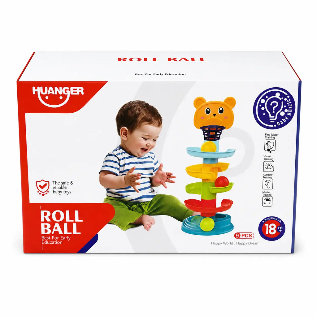 Huanger Roll Ball Tower Toy packaging showing toddler and colourful rolling ball track