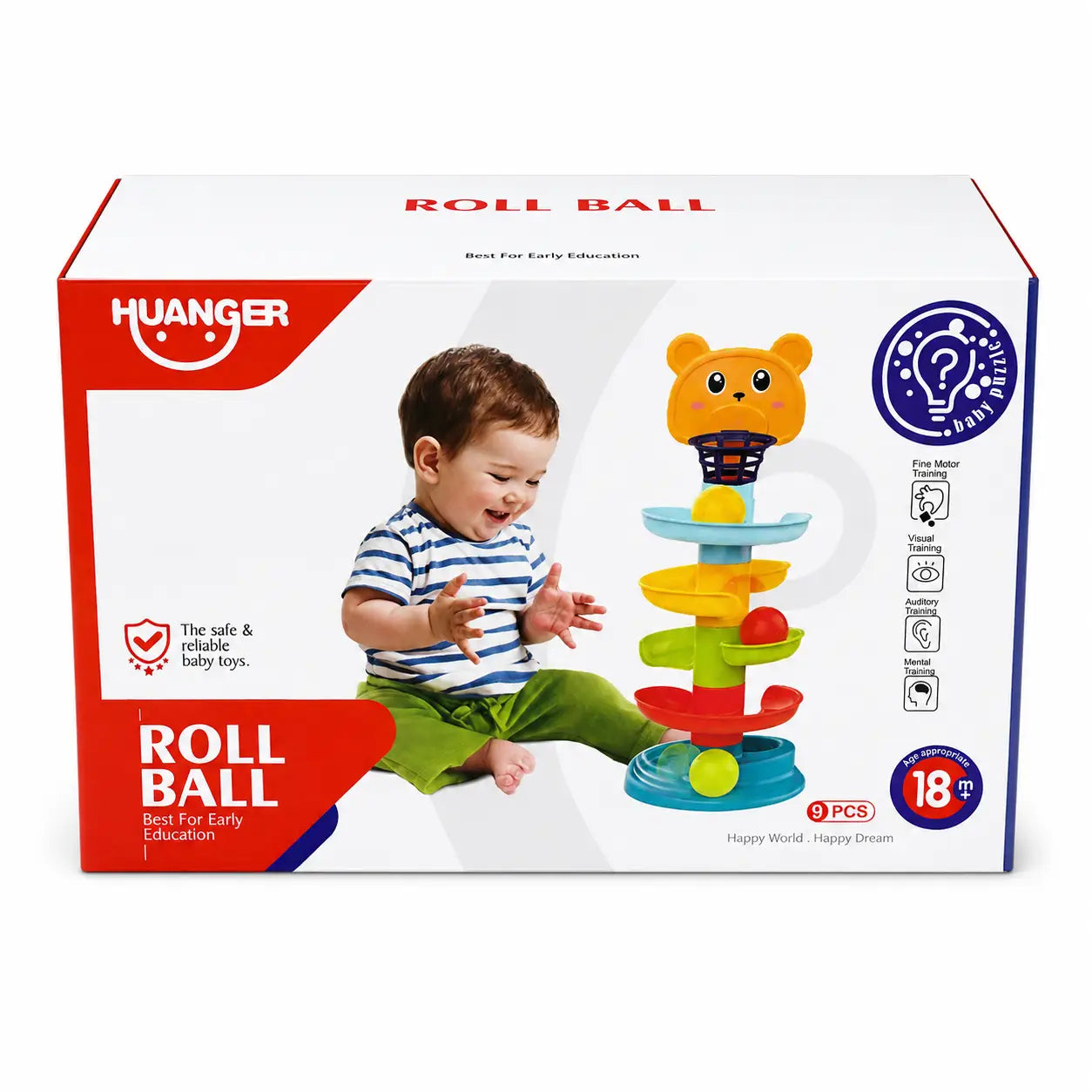 Huanger Roll Ball Tower Toy packaging showing toddler and colourful rolling ball track