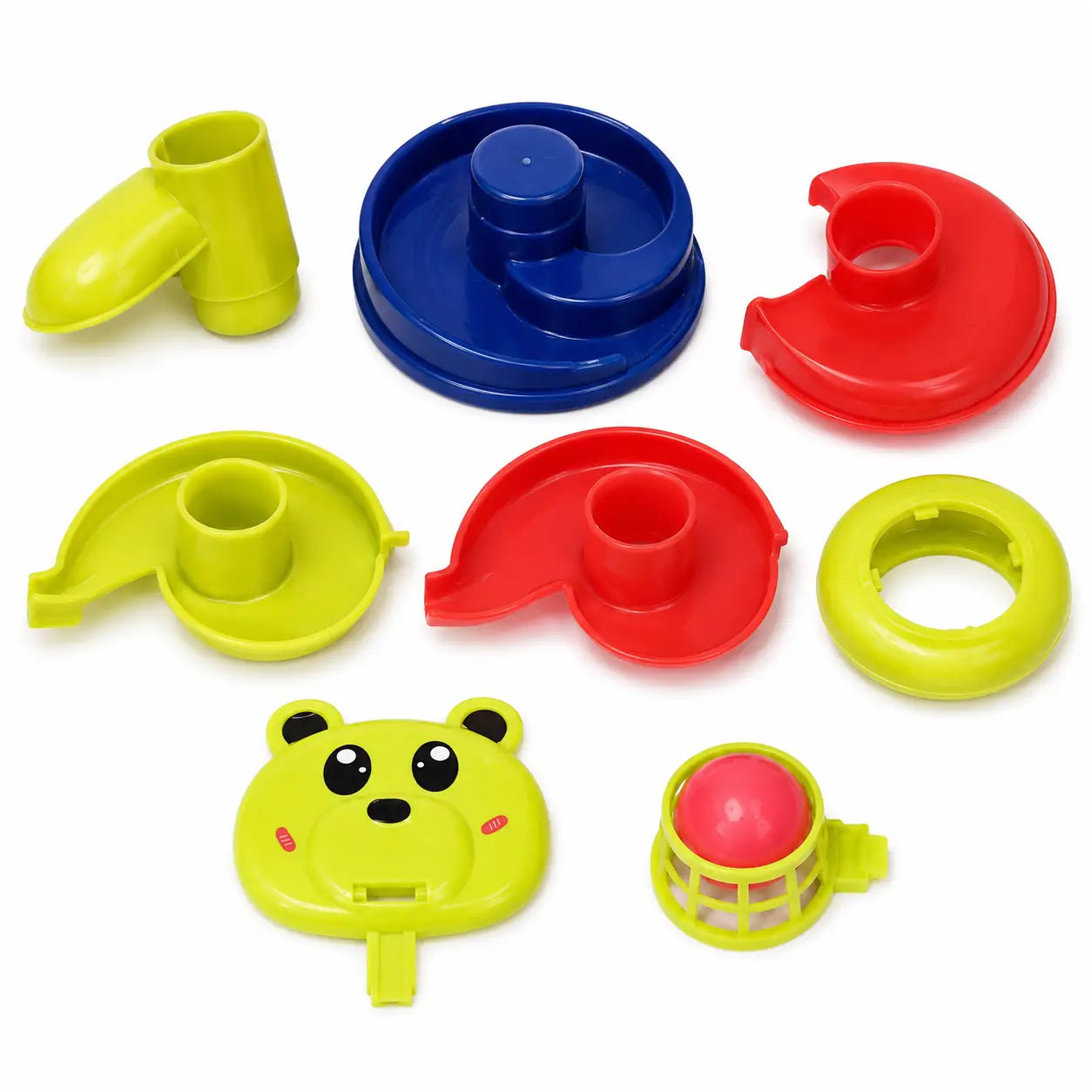 Huanger Roll Ball Tower colourful track components and bear basket parts arranged on white background