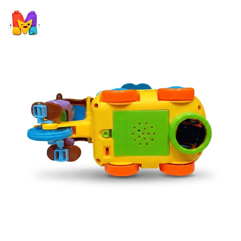 A colorful children's toy vehicle shown on a plain white background. The toy is primarily yellow with bright orange wheels, a green front panel, blue side details, and small purple accents.