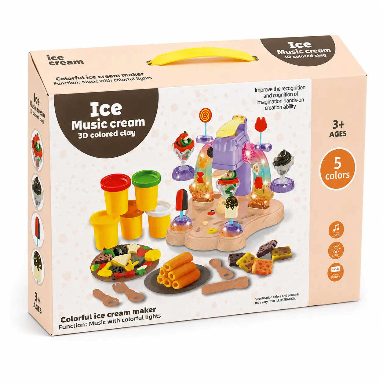 Ice cream maker clay toy packaging angled view featuring 5 colors, music and colorful lights for ages 3 plus