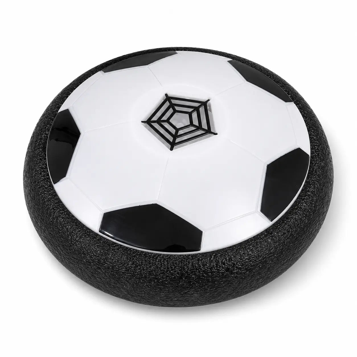 Top view of indoor hover football toy showing central air vent and football design