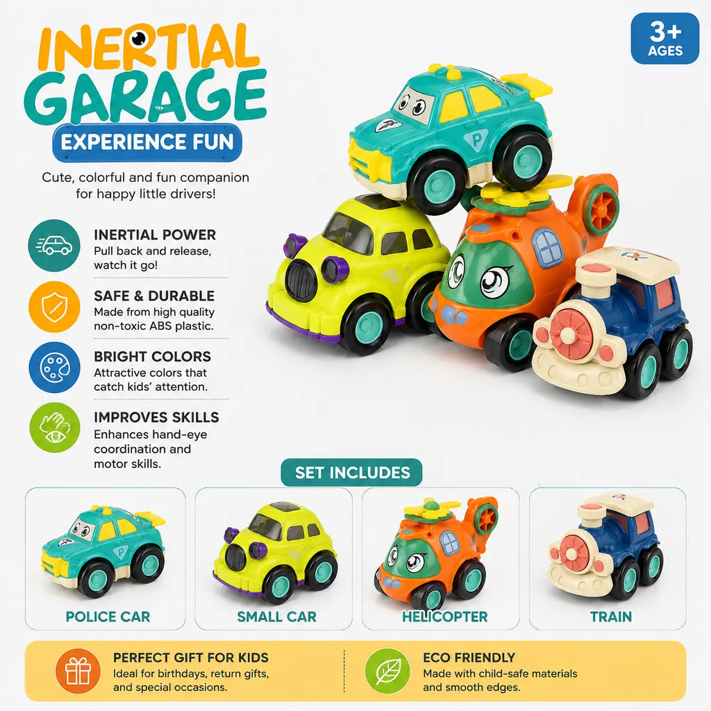 Inertial Garage 4-piece kids toy vehicle set features with colourful cars helicopter and train for ages 3 plus