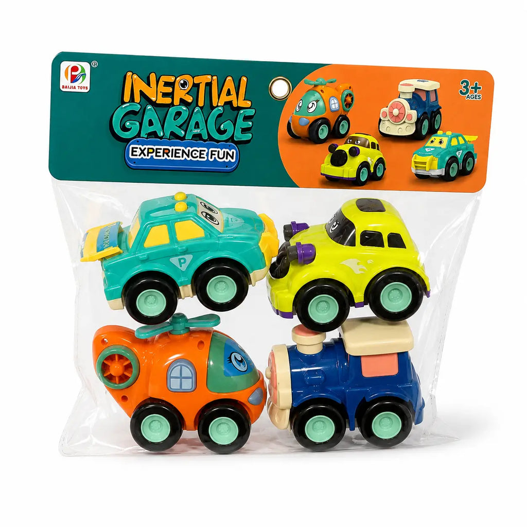 Inertial Garage 4-piece toy vehicle set packaging with colourful cars helicopter and train for kids age 3 plus