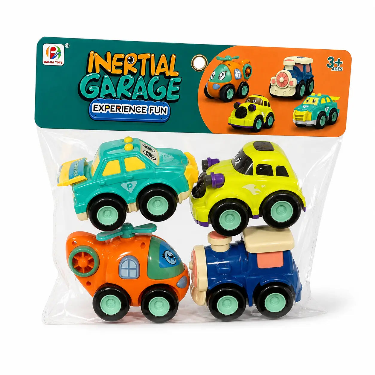 Inertial Garage 4-piece toy vehicle set packaging with colourful cars helicopter and train for kids age 3 plus