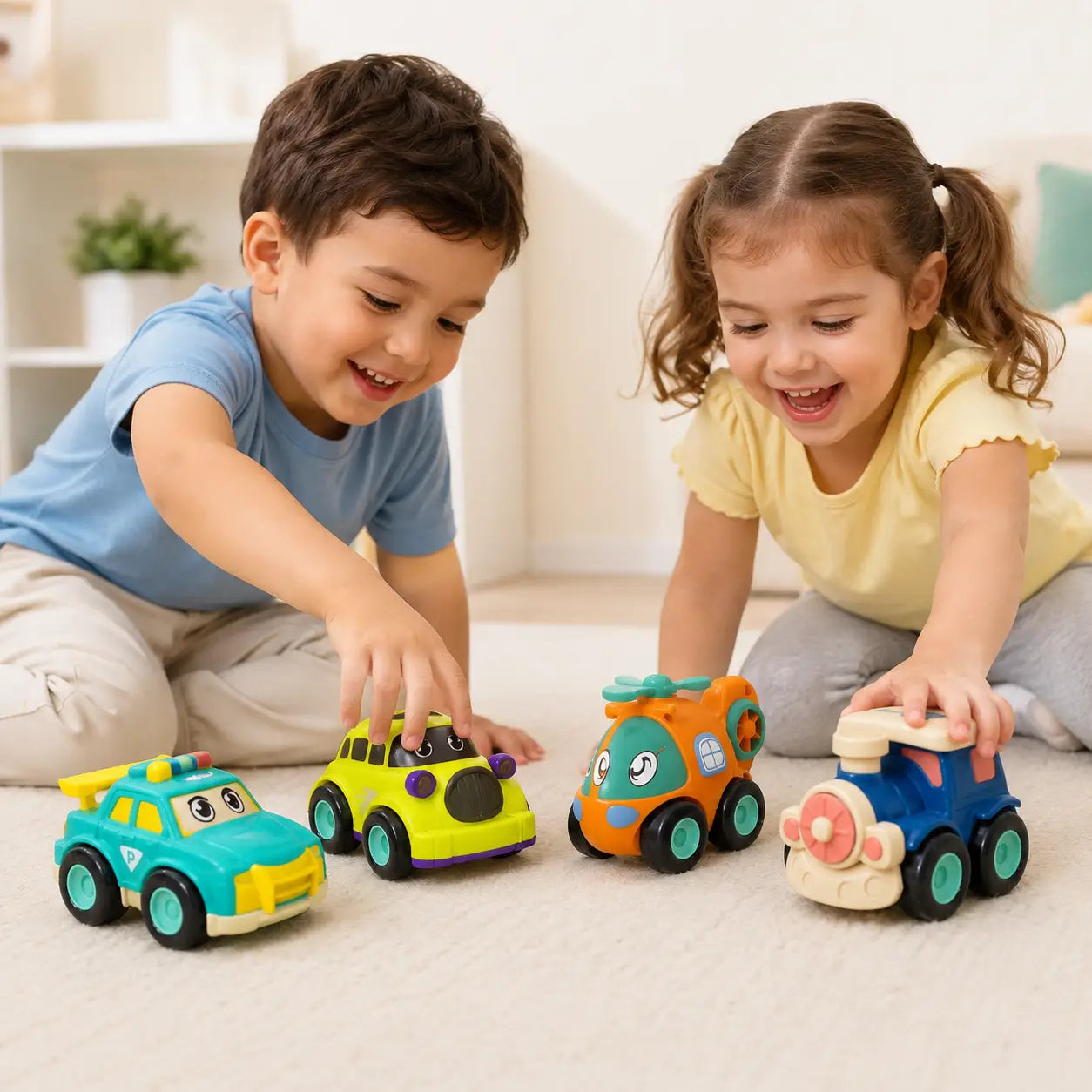 Kids playing with Inertial Garage 4-piece colourful toy vehicle set including cars helicopter and train