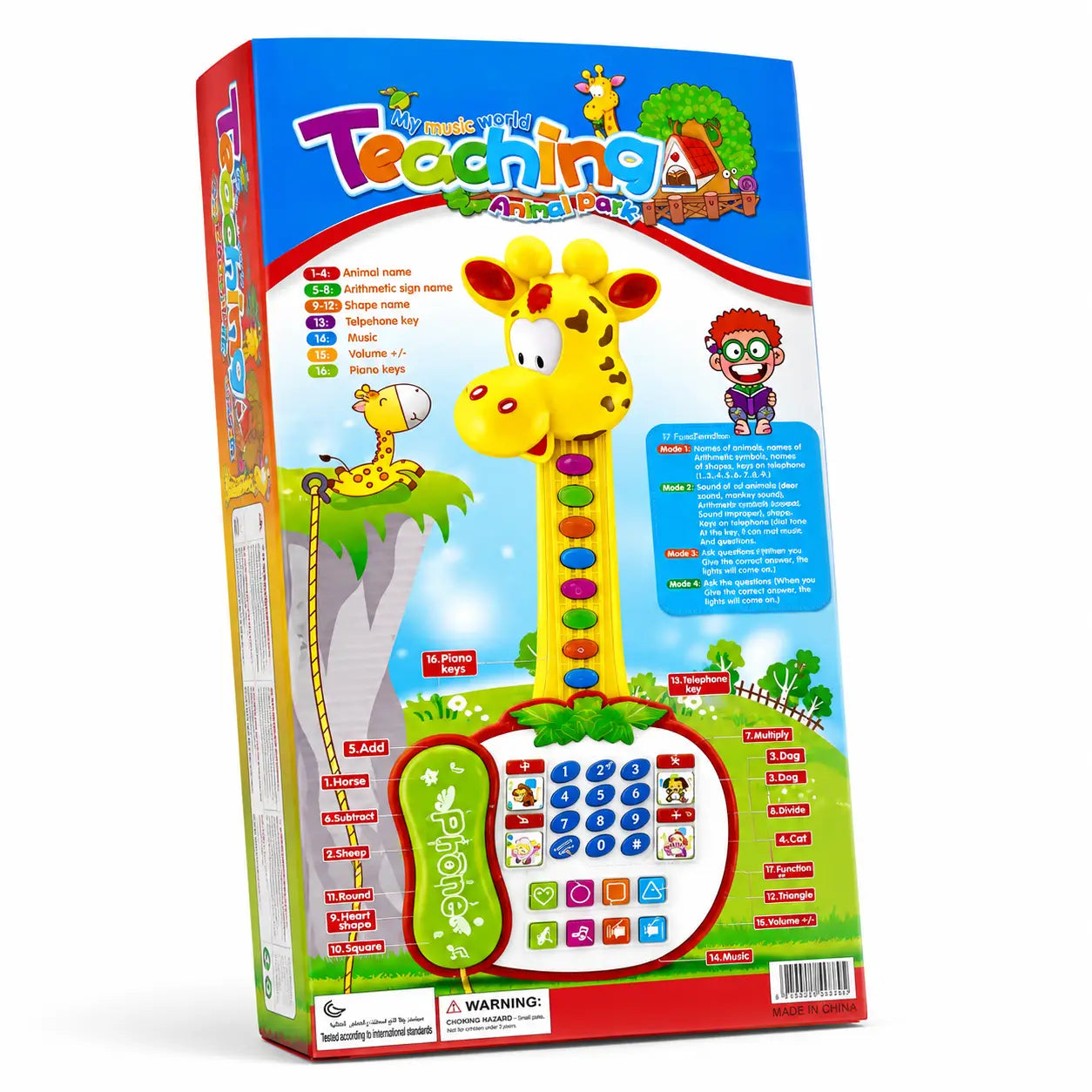Yellow giraffe phone learning toy shown with retail box, number keypad and musical buttons