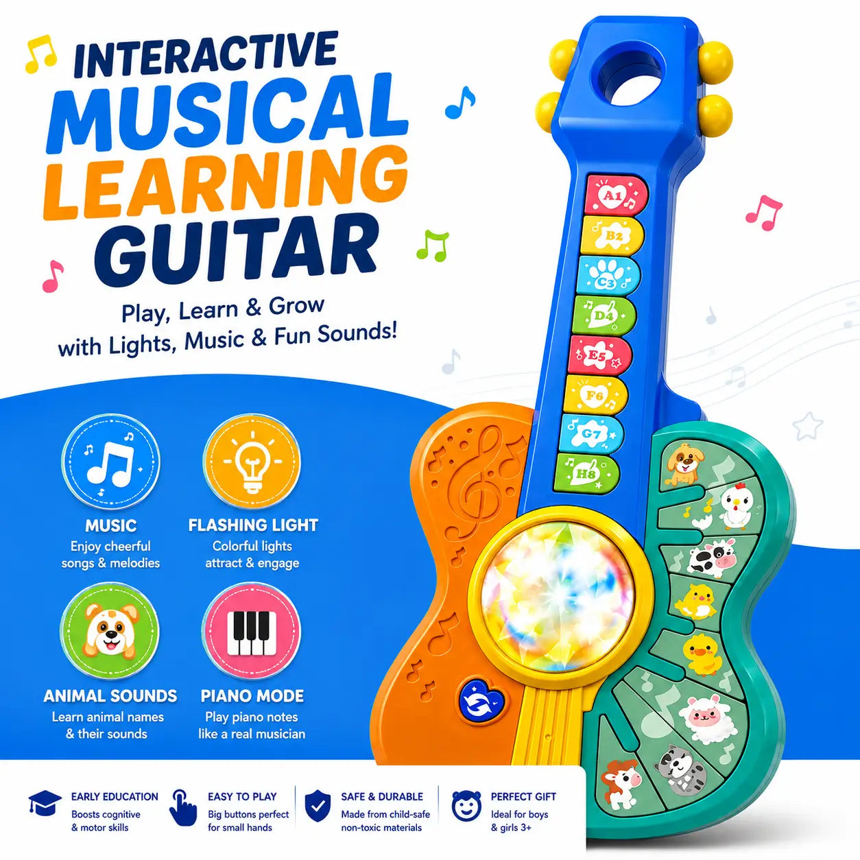 Interactive musical learning guitar toy for kids with music flashing lights animal sounds and piano mode