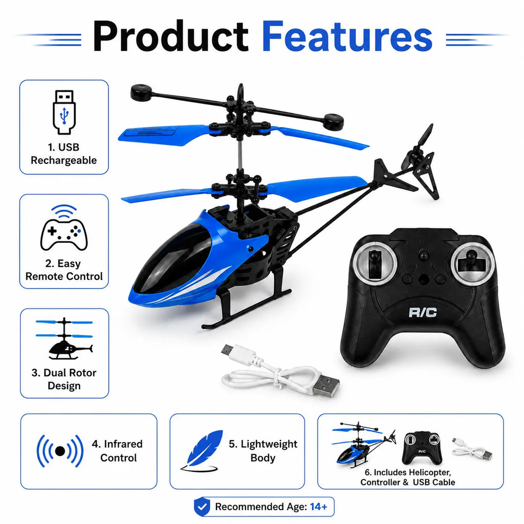 Blue and black toy helicopter remote control set with a black controller, USB cable, and feature callout icons on a white background.
