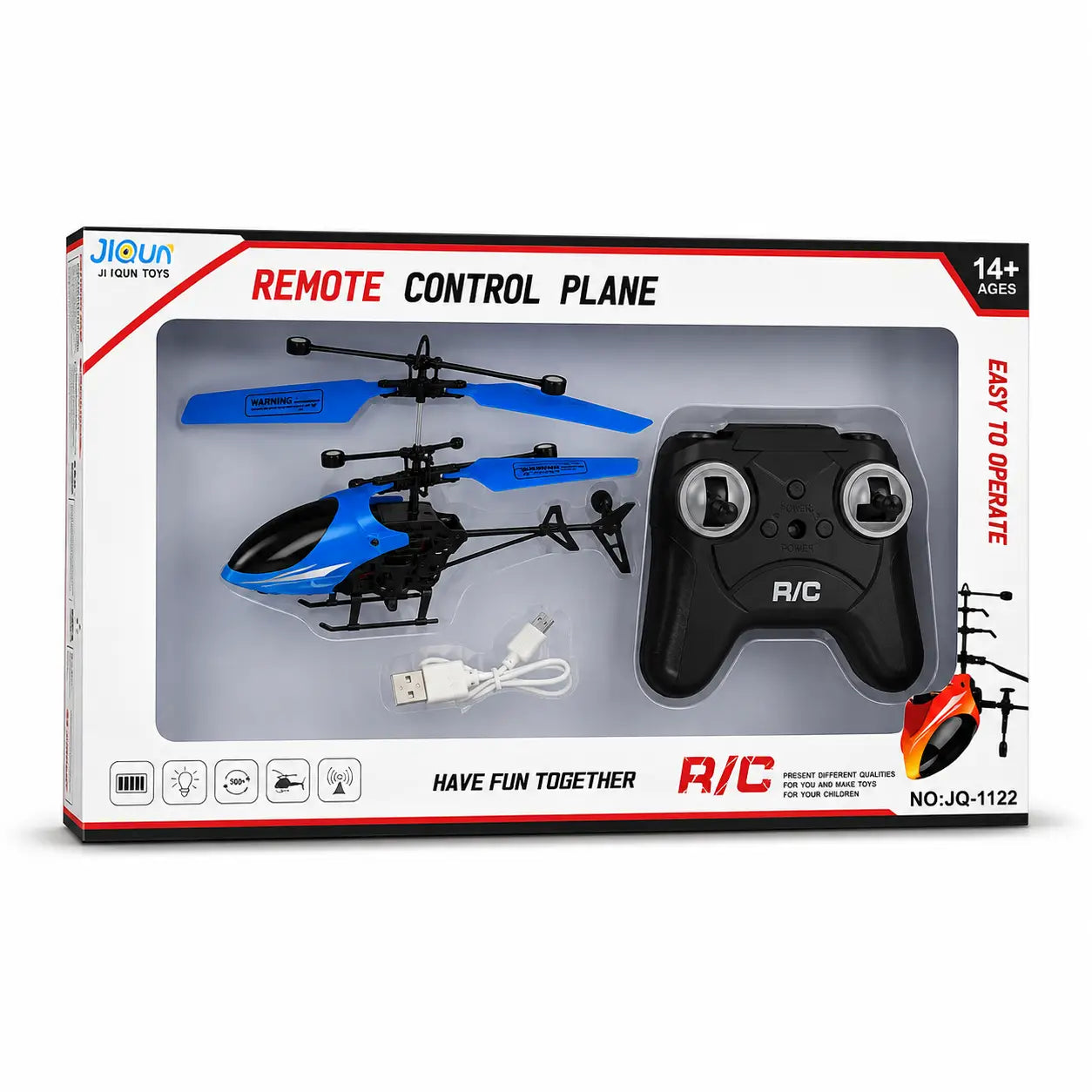 JiOun brand remote control toy plane in its retail packaging, featuring a blue and black helicopter, a black remote control, and a white USB charging cable.