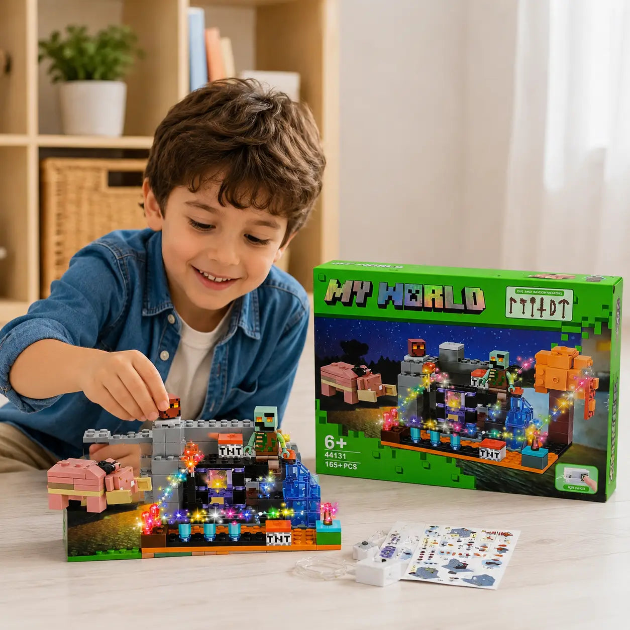Young child playing with MY WORLD light-up building blocks construction set in an indoor playroom
