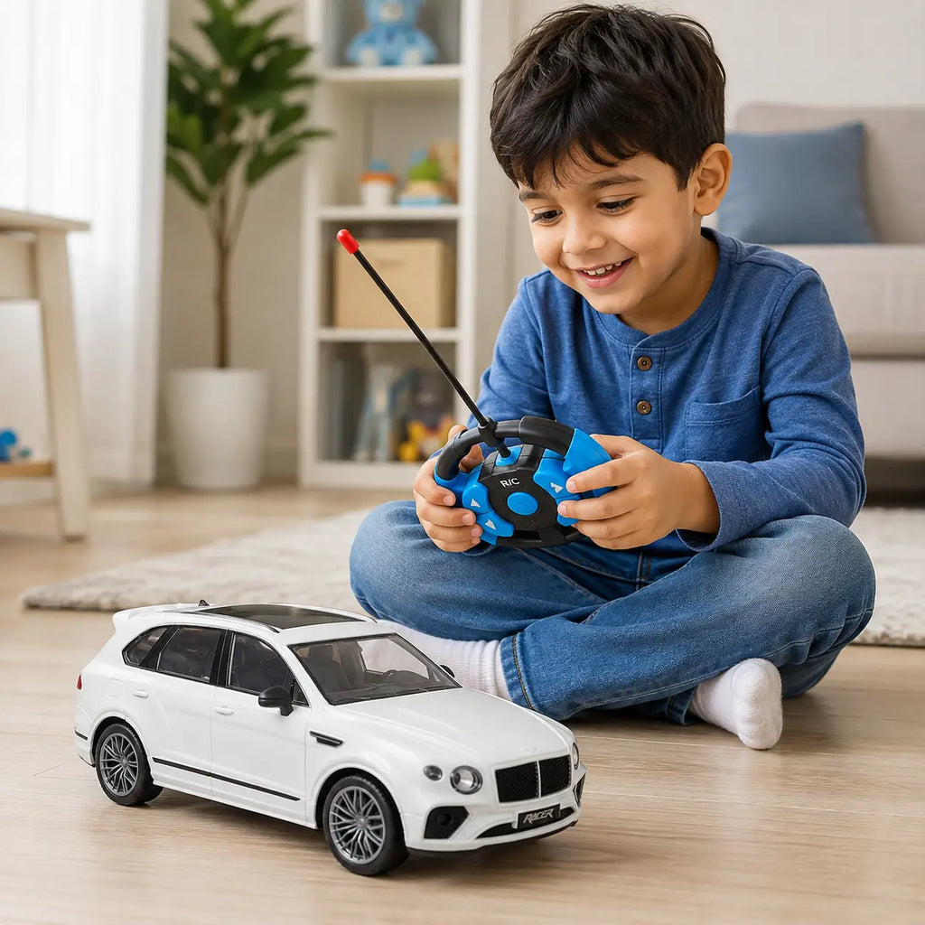 Child playing indoors with white rechargeable remote control SUV car and controller