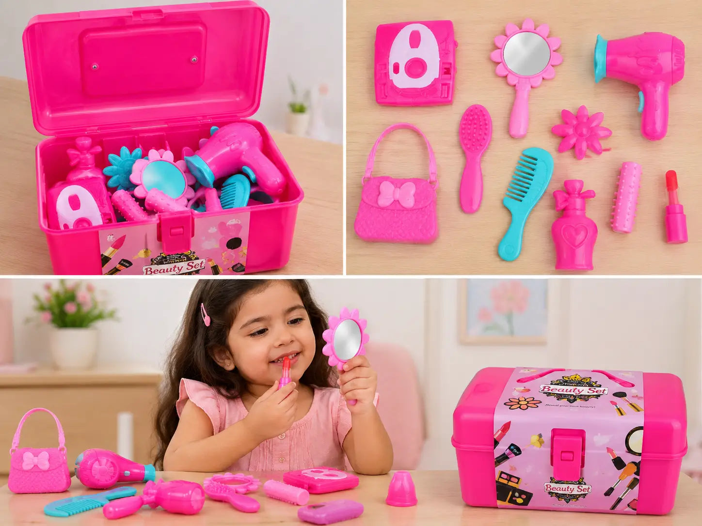 Kids Beauty Set toy collage showing open box, pretend beauty accessories, and little girl playing with the beauty set