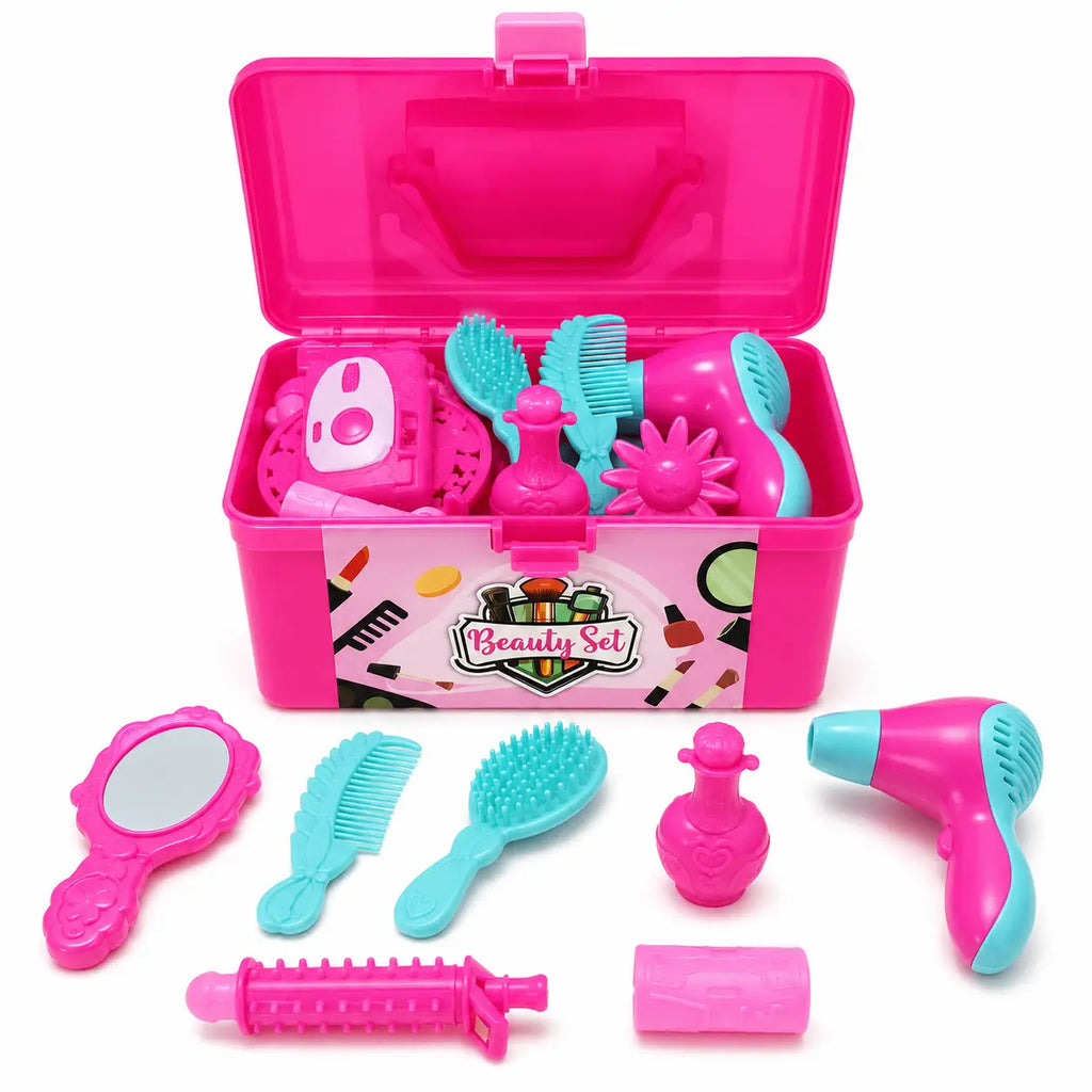 Open pink Kids Beauty Set carry box with toy mirror, comb, brush, hair dryer and pretend beauty accessories