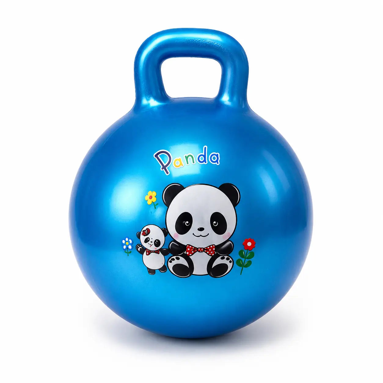 Blue kids inflatable hopper ball with handle and panda cartoon design front view