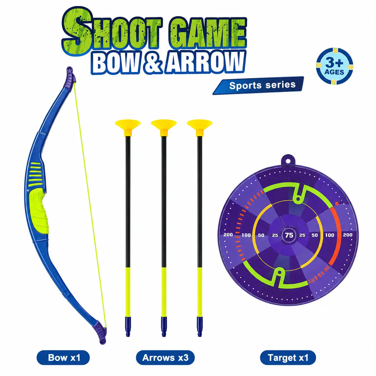 Complete kids bow and arrow set with one blue green bow, three suction cup arrows and round target