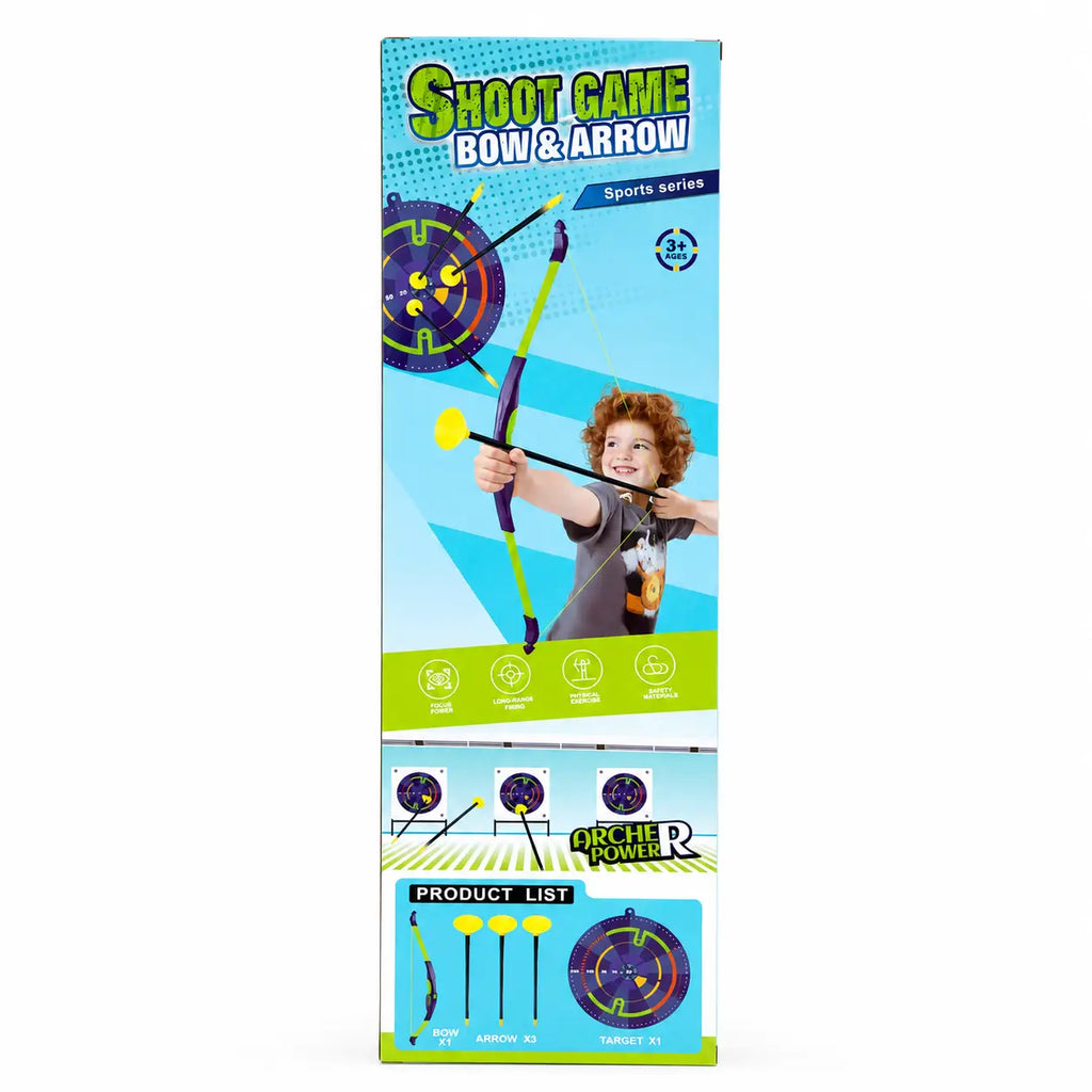 Shoot Game kids bow and arrow packaging showing product contents including three arrows and target