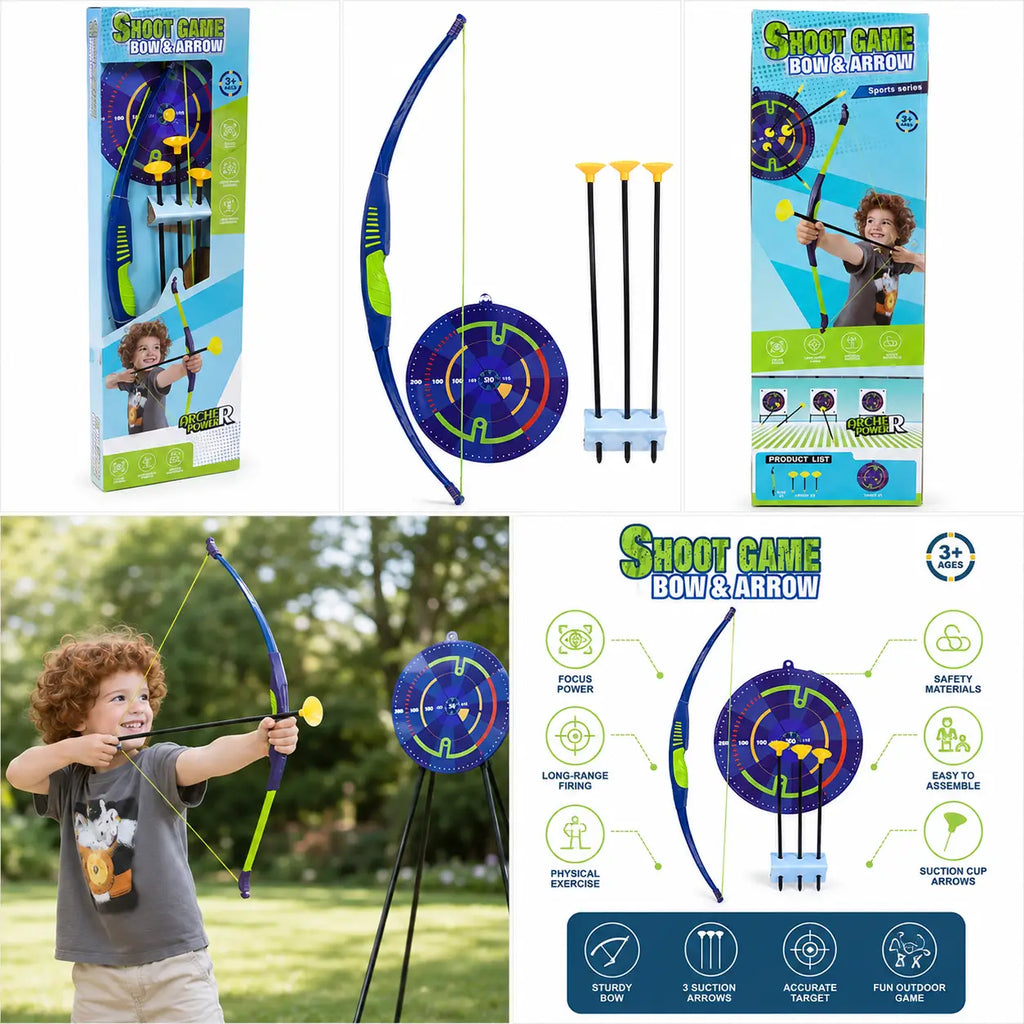 Kids bow and arrow shooting game set with target, suction cup arrows, packaging and feature overview