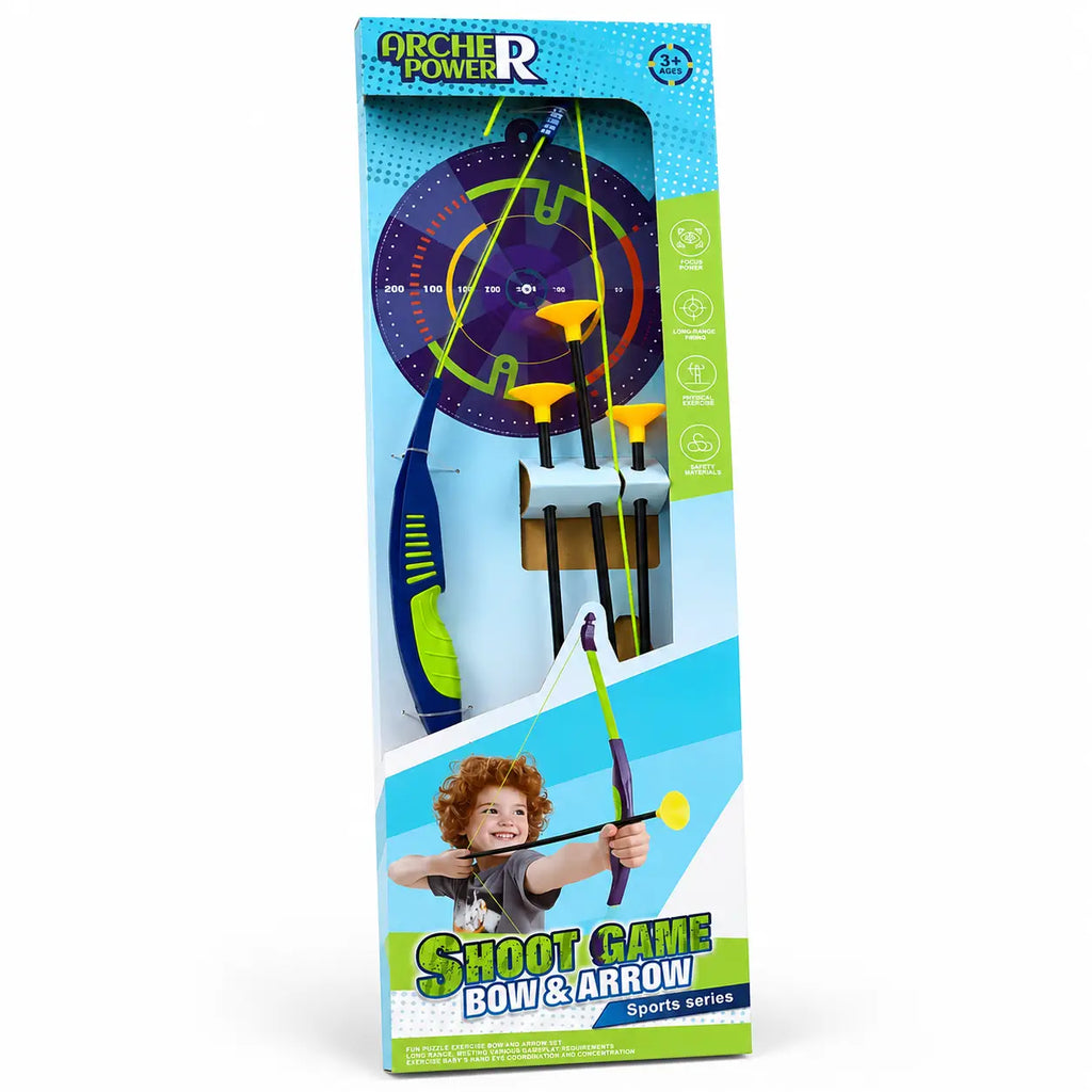 Kids Shoot Game bow and arrow set front packaging with bow, three suction arrows and target