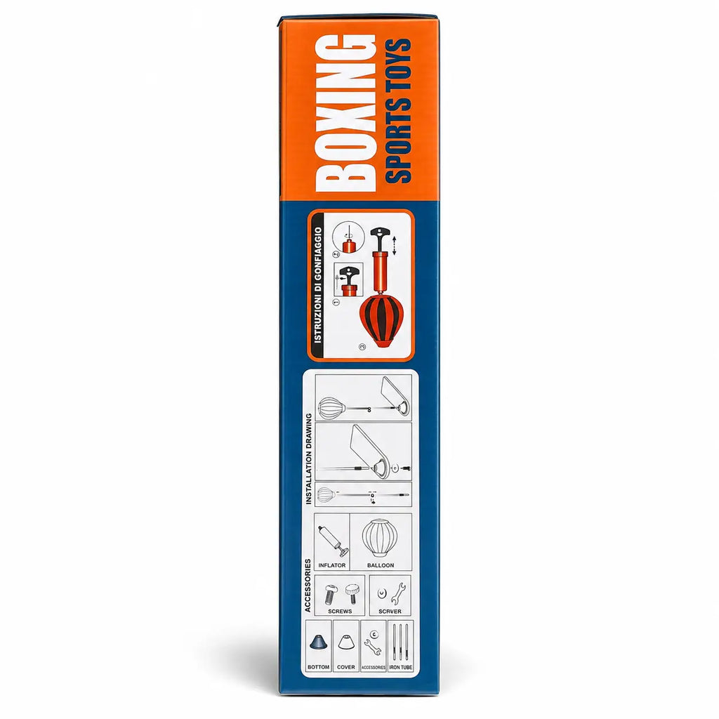 Kids boxing punching ball set packaging side view with assembly information