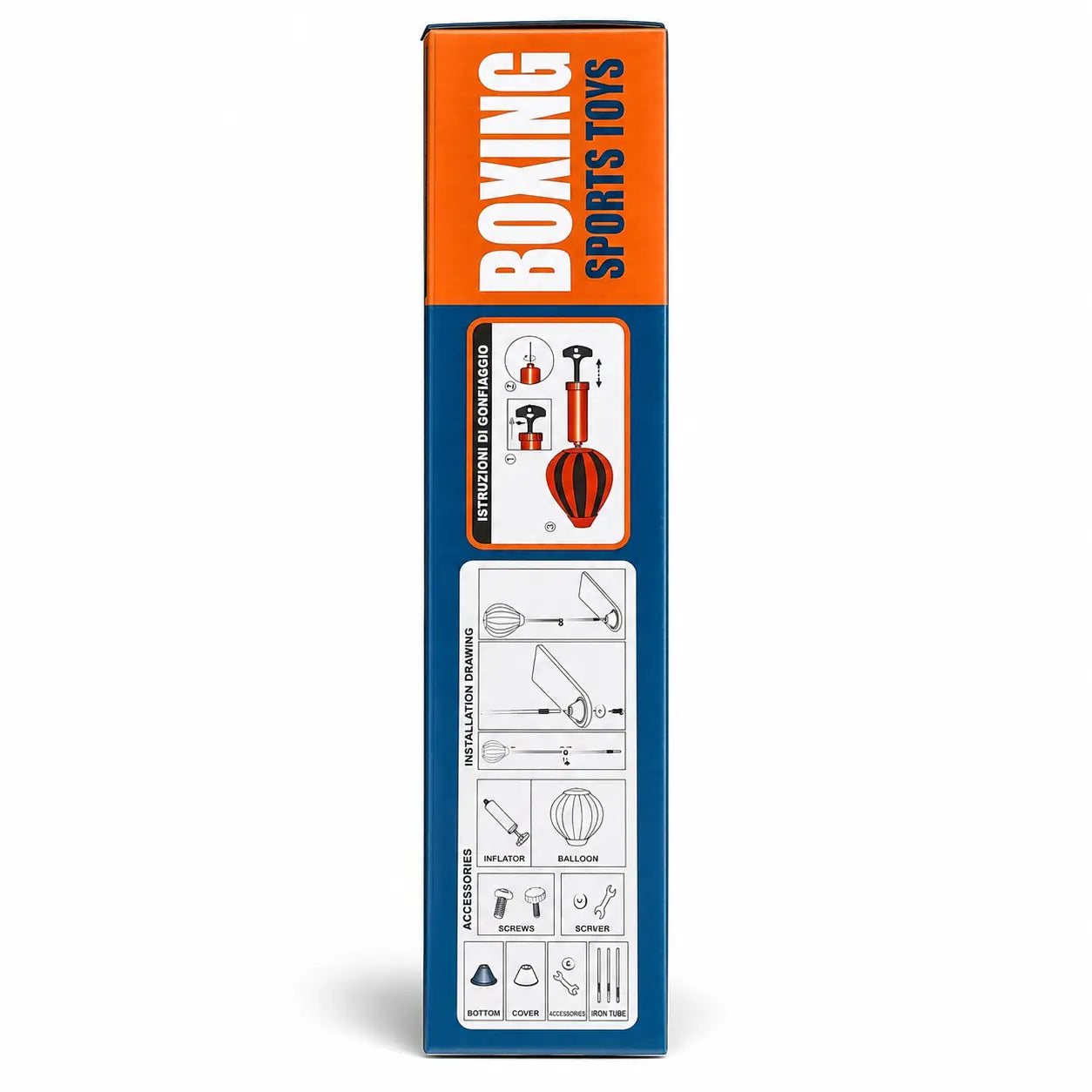 Kids boxing punching ball set packaging side view with assembly information